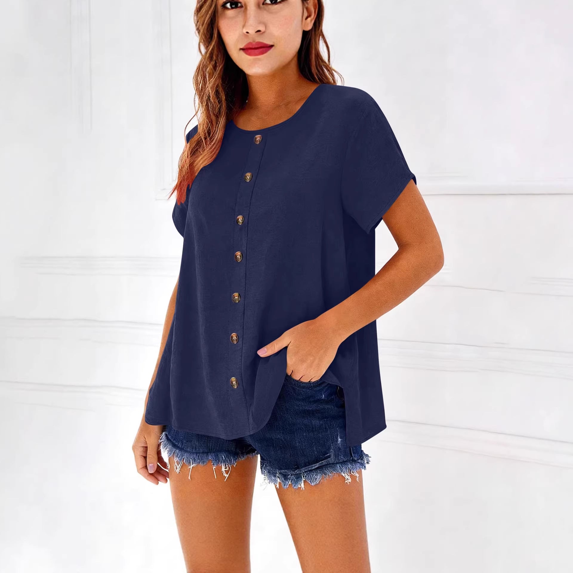 Girl Button Crewneck T-Shirt