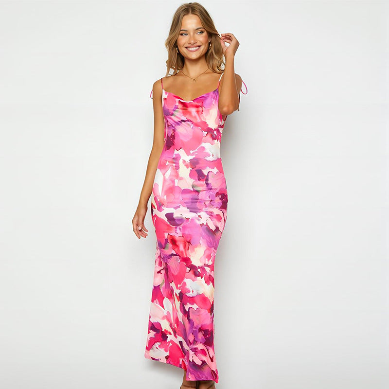 Printed Sexy Backless Waist Cinching Sheath Slip Dress