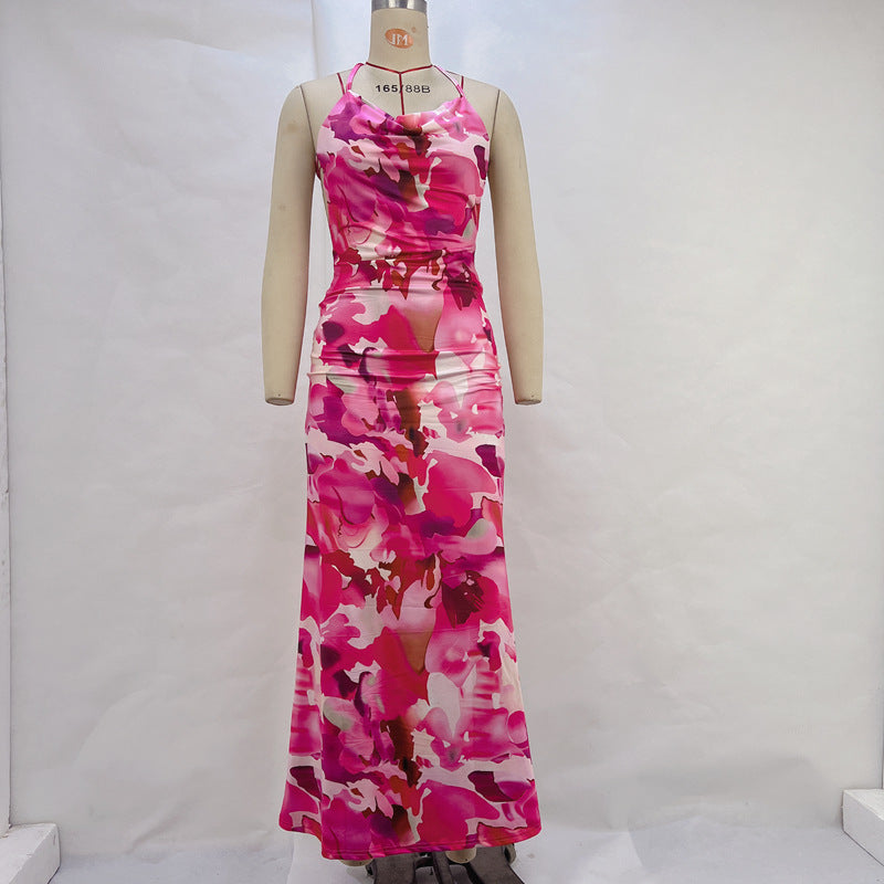 Printed Sexy Backless Waist Cinching Sheath Slip Dress