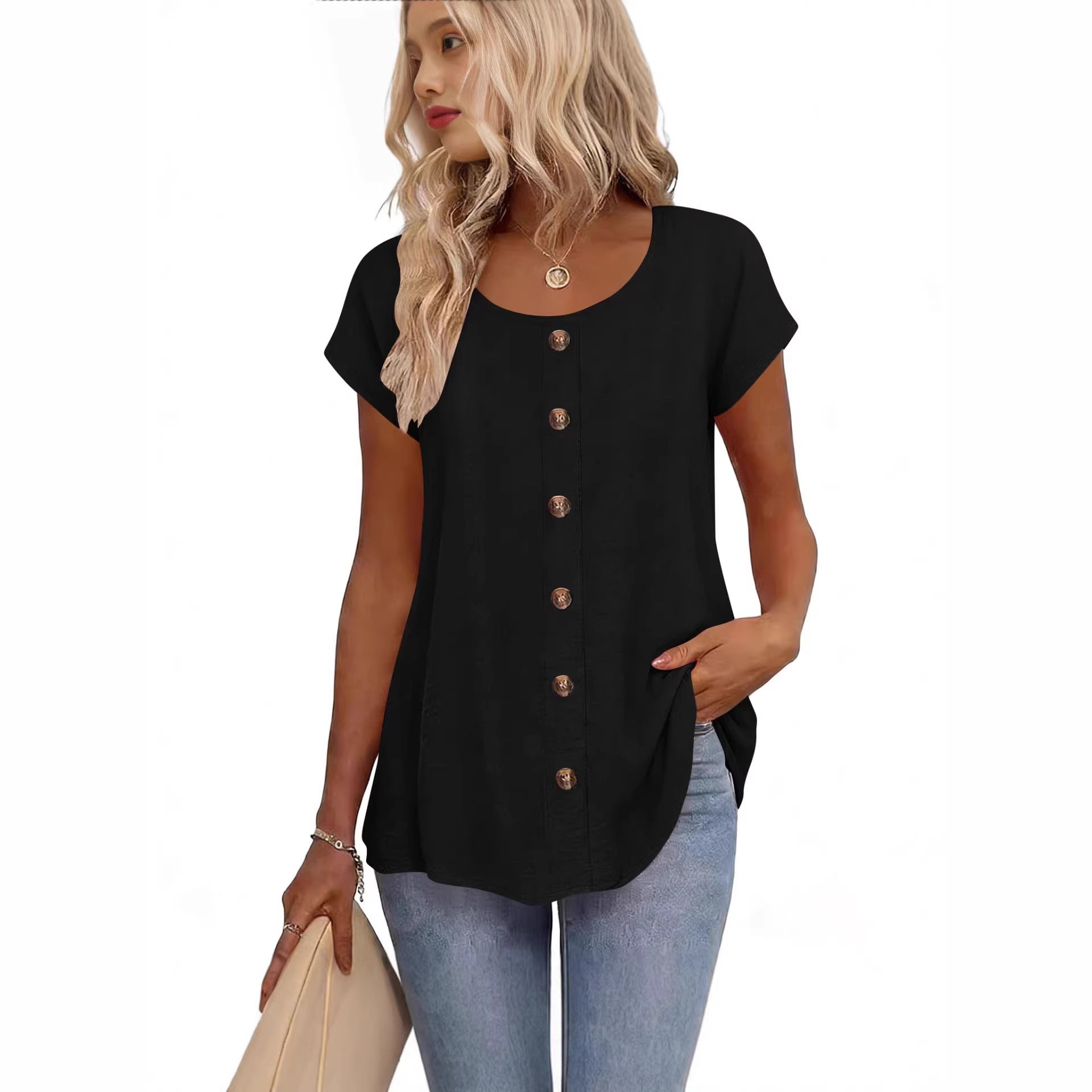 Girl Button Crewneck T-Shirt