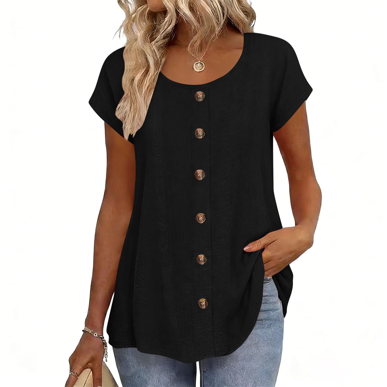 Girl Button Crewneck T-Shirt
